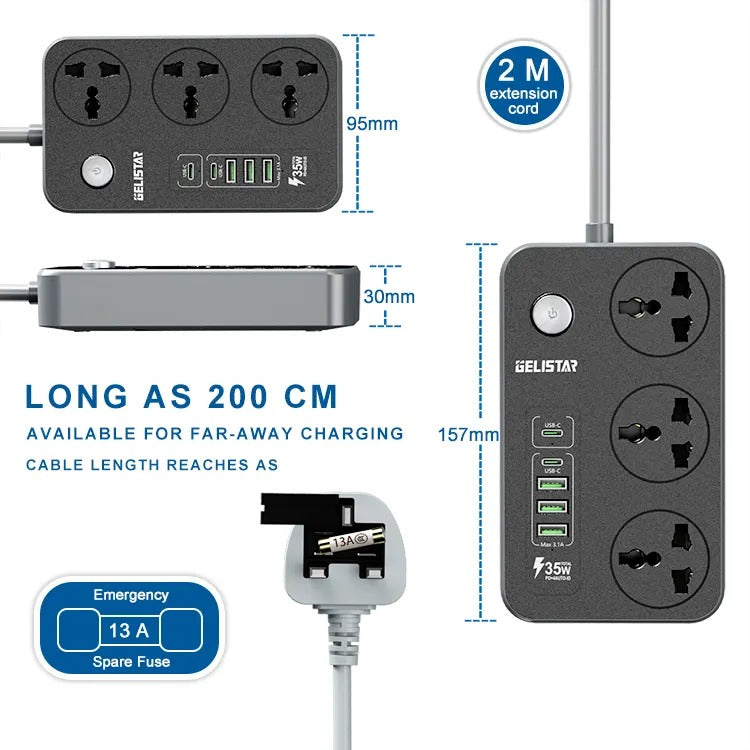 Extension Lead with 6 USB Cable Electric Plug Socket UK Mains Power 3 Gang Way - SMH345