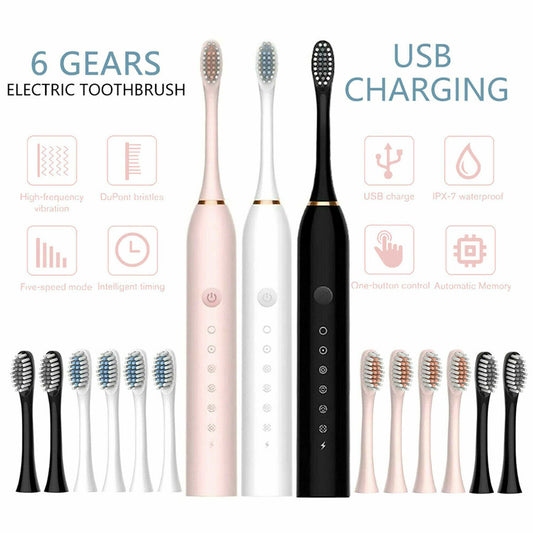 Electric Toothbrush Sonic Rechargeable 5 Modes Kids Adults Brush 4 Heads USB - SMH345