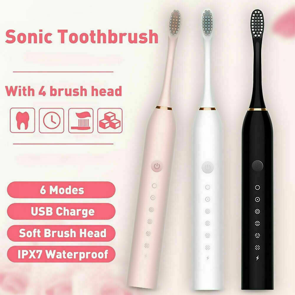 Electric Toothbrush Sonic Rechargeable 5 Modes Kids Adults Brush 4 Heads USB - SMH345