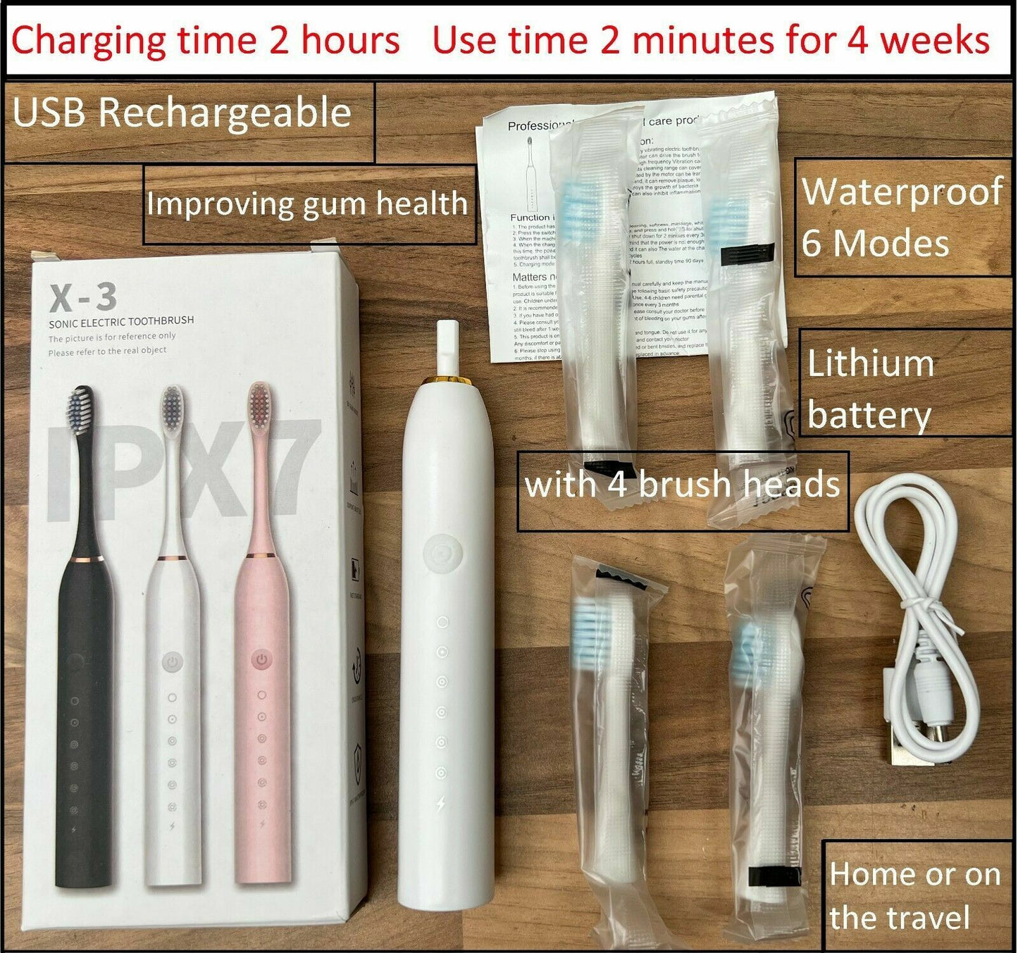 Electric Toothbrush Sonic Rechargeable 5 Modes Kids Adults Brush 4 Heads USB - SMH345